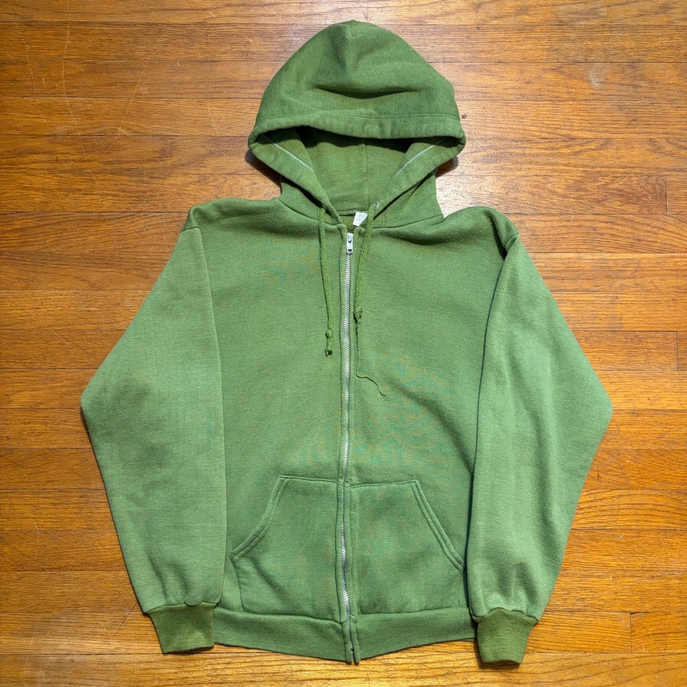 Vintage 1970s Zip Up Hoodie Olive Green USA Made WPL 7232 EMAR Zipper M